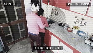 Owner and maid caught in cctv . Blowjob and tearing up in kitchen